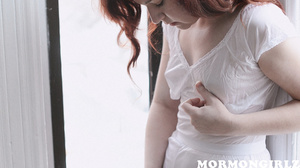 Wicked redhead rubbing her hairy muff naked standing up - XXXonXXX - Pic 1