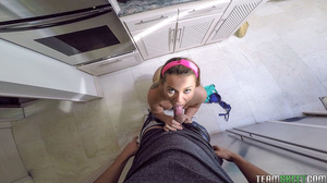 Tattooed blonde housekeeper with pink headband, received extra dollars for her steamy extra service on white couch - Picture 4