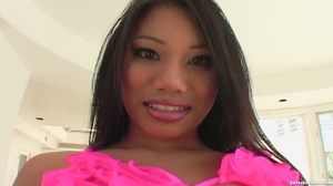 Cute Asian slut in pink gets jizz all over her face and tits. - Picture 3
