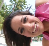 Beautiful brunette with nice tits gets in a threesome with two guys.