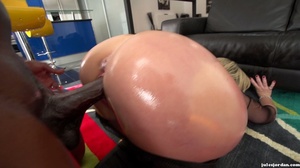Big breasted slut gets oiled and ready for interracial fucking. - Picture 12