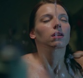 Brunette with amazing body showers herself and shows off her perfect shaved