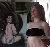 Artistic brunette paints naked woman, gets horny and starts fondling herself