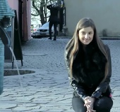 Super hot European coed babe walks around city wearing tight clothes