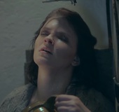 Sweaty brunette pours milk on herself as she uses a toy on her shaved