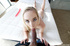 Fresh blondie in grey top plays with big dildo then sucks and fucks for