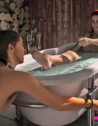 Voluptuous redhead has her man servant pleasure her in the tub.