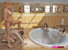 Man slave gets taken advantage of by three chicks in the jacuzzi.