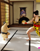 Curvy Asian babe gets two sumo wrestlers to lick her holes.