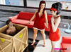Stern, scintillating harlots in a high-rise apartment crop and step on