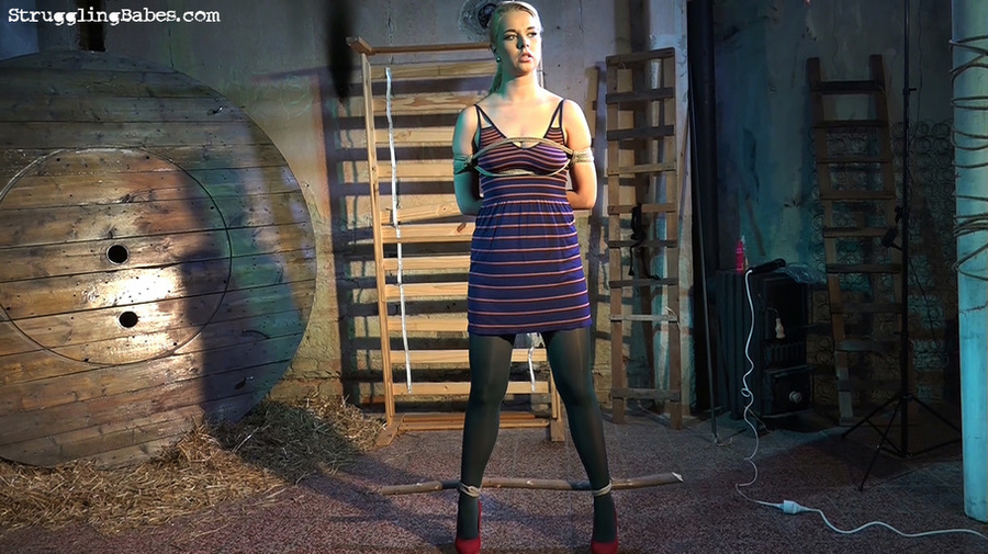 Cute blonde with hot tits in stripped dress tied, gagged, tits sucked and vibrated - XXXonXXX - Pic 1