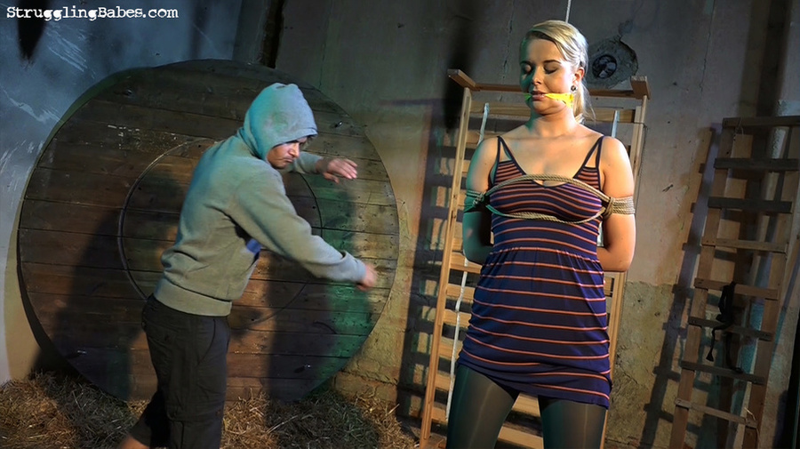 Cute blonde with hot tits in stripped dress tied, gagged, tits sucked and vibrated - XXXonXXX - Pic 5