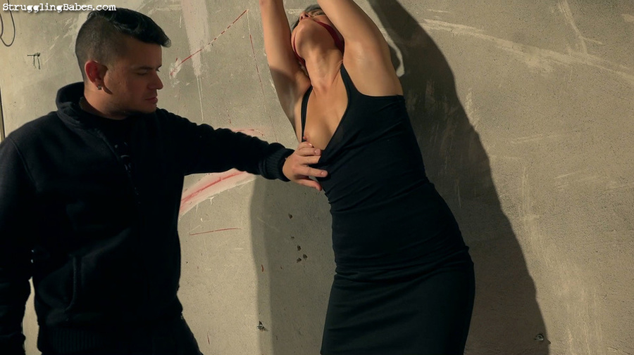 Curvy brunette in black dress gagged, tied with hands above head gets vibrated - XXXonXXX - Pic 4