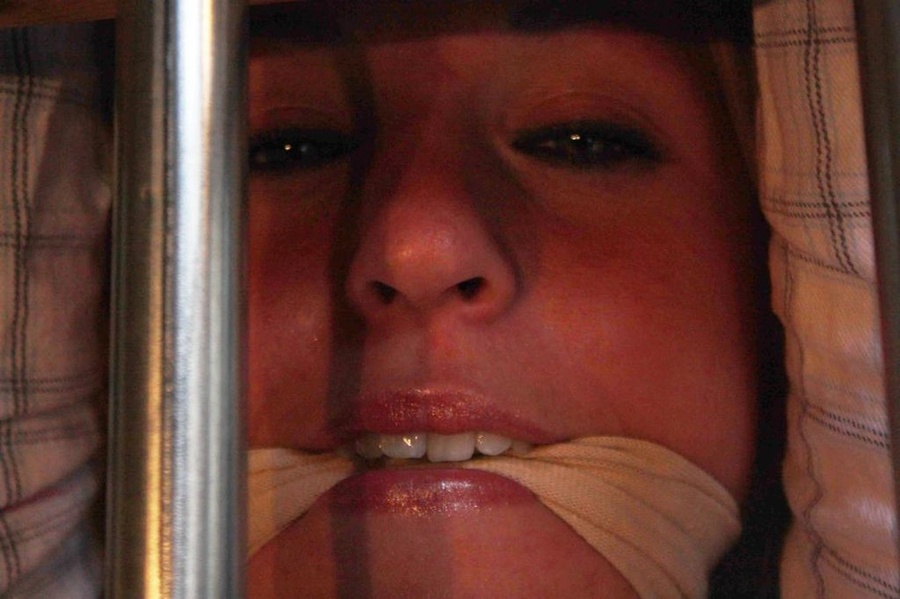 Pretty busty blonde in checkered white outfit caged, gagged and bound with rope - XXXonXXX - Pic 6