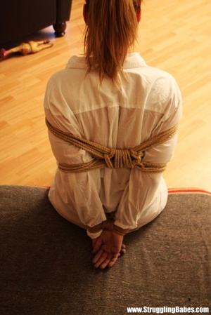 Shapely brunette in white shirt and black panties roped, bound and gagged on floor - XXXonXXX - Pic 7