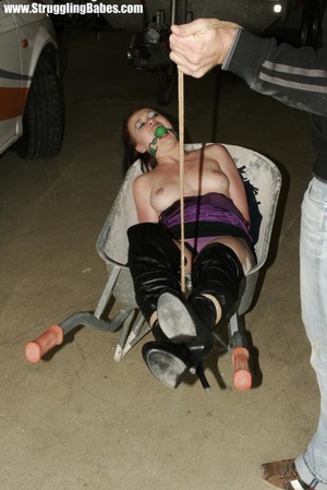 Lovely brunette in purple top bound in wheel barrow, gagged and squeezed - Picture 7