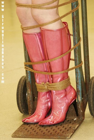 Dark hair beauty in pink corset and boots tied, gagged and transported on trolley - Picture 6
