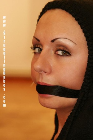 Lusty brunette in black hood top and pantyhose gagged, bound and machine fucked - XXXonXXX - Pic 2