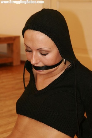 Lusty brunette in black hood top and pantyhose gagged, bound and machine fucked - XXXonXXX - Pic 3