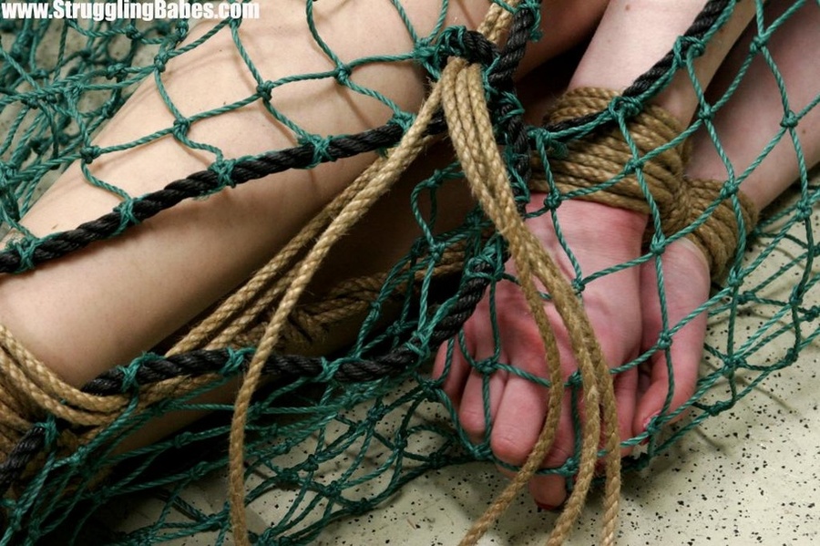 Fresh dark hair cutie in black suspended in fishnet, gagged and bound - XXXonXXX - Pic 2