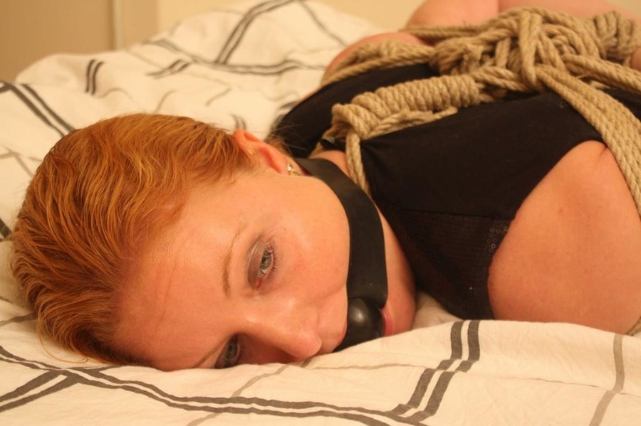 Sweet shapely blonde in black top and pants roped, bound and gagged on bed - XXXonXXX - Pic 6