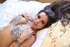 Inked brunette teen bitch with big boobs in her bed