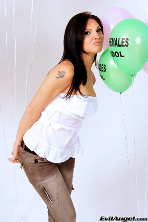 Innocent tattooed ladyboy in white top and shorts play with balloons while showing her curves - XXXonXXX - Pic 4