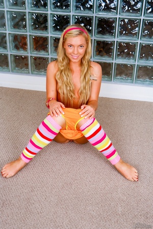 Teen babe pose her skinny body in sexy underwear and multi colored socks before she takes off her yellow bra and shows her small tits then gets on her knees and sucks a huge dick. - XXXonXXX - Pic 7