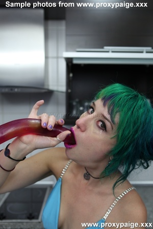Punk teen with green hair and piercing in blue dress toying her asshole in the kitchen - XXXonXXX - Pic 15