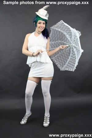 Teen cutie in white suit, hat, stockings and umbrella playing with her asshole prolapse - Picture 5