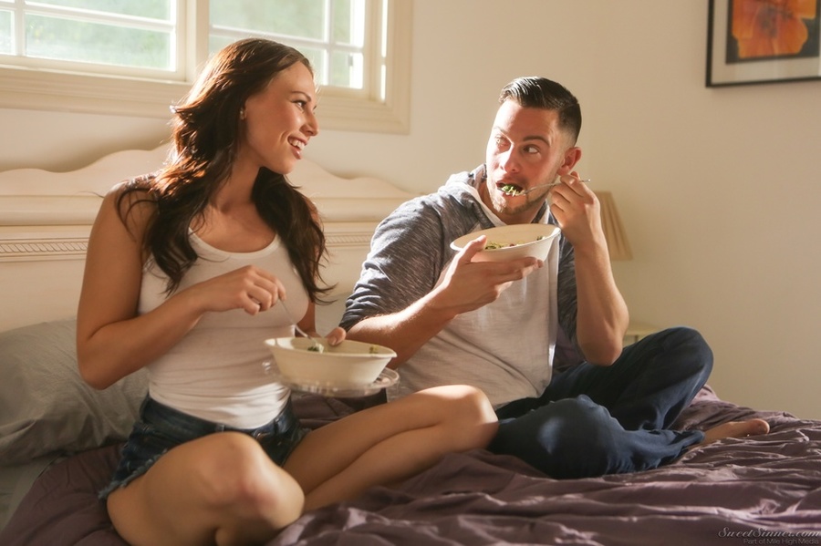 Playful brunette in white to and shorts eat - XXX Dessert - Picture 1