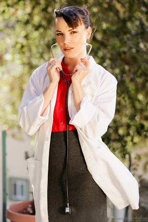 Doctor's coat taken off outdoors by a brunette MILF - XXXonXXX - Pic 1