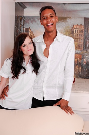 Brown eyed brunette with red nails and long haired teen in white shirt posing with tall guys - Picture 15