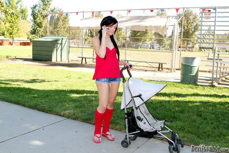 Pigtailed teen in red top and jeans shorts walking on the street before teasing on the bed by the older gyu - XXXonXXX - Pic 5