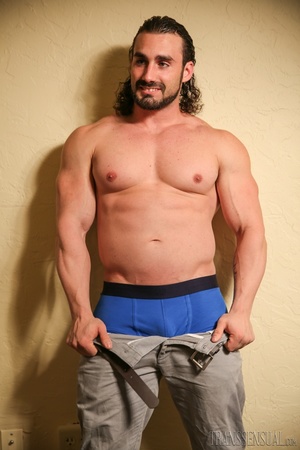 Full bearded buff takes his blue boxers off to show his dick - Picture 8