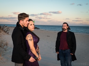 Lucky shemale in a purple dress caught in between two handsome men - XXXonXXX - Pic 13