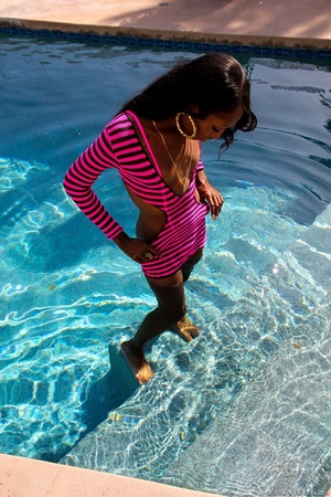 Ebony babe in pink bikini strips and teases by the pool. - XXXonXXX - Pic 2