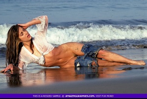 Steaming hot MILF gets her luscious body wet at the beach wearing her white blouse and jeans skirt  before she expose her sweet boobs and juicy pussy. - XXXonXXX - Pic 7