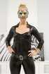 Three masked blondes in latex strip and lick each other.
