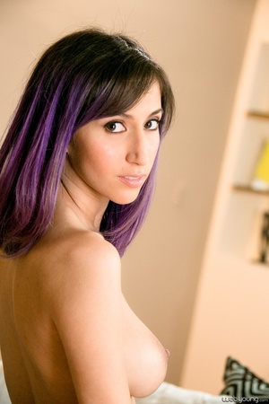 Purple hair babe sheds her black bodysuit and jeans short to expose her big tits and tattooed belly - XXXonXXX - Pic 10