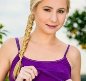 Pigtailed blonde in black boots took off her purple top and jeans short