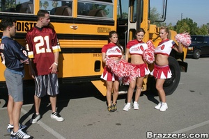 Three hot cheerleaders with shaved cunts fuck and suck these two lucky guys - Picture 13