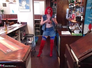 Redhead waitress exposes her large saggy tits and plays pool naked - Picture 5