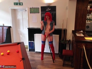 Redhead waitress exposes her large saggy tits and plays pool naked - XXXonXXX - Pic 16