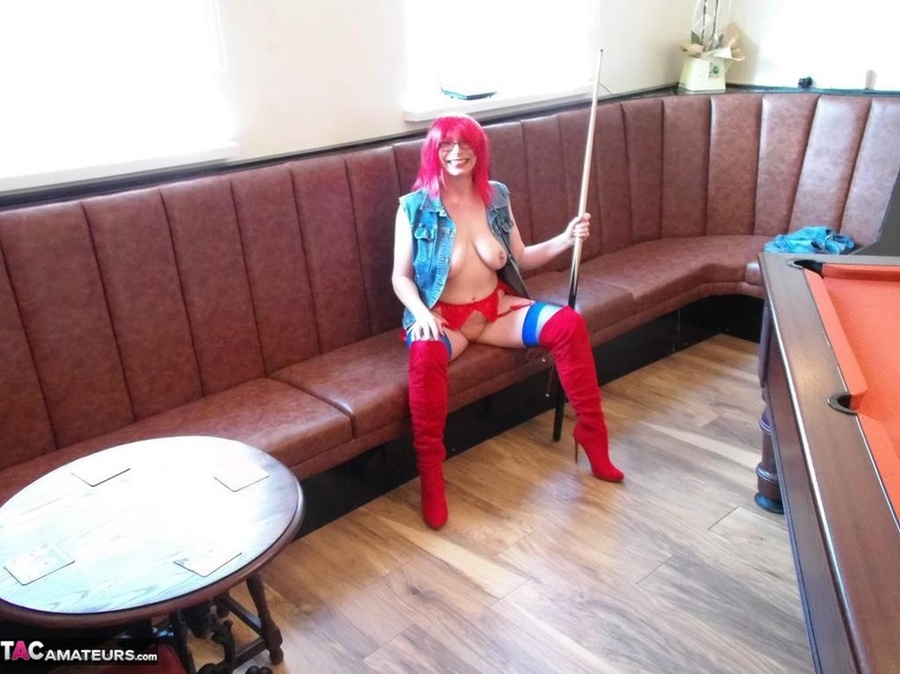 Redhead waitress exposes her large saggy tits and plays pool naked - XXXonXXX - Pic 17
