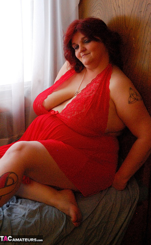 BBW slut poses in red dress, only to take it off and play with massive tits - XXXonXXX - Pic 1