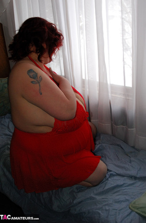 BBW slut poses in red dress, only to take it off and play with massive tits - XXXonXXX - Pic 10
