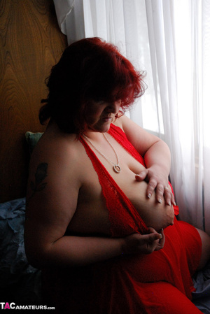 BBW slut poses in red dress, only to take it off and play with massive tits - XXXonXXX - Pic 11