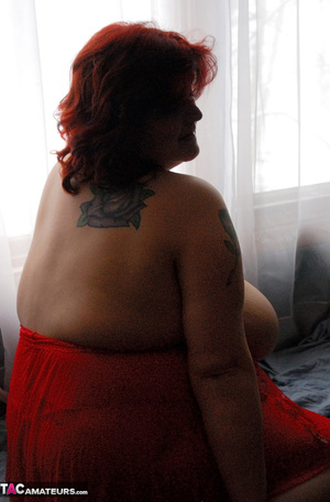 BBW slut poses in red dress, only to take it off and play with massive tits - XXXonXXX - Pic 16
