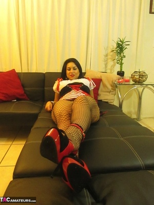 Fat-ass Latin stunner is wearing nothing but a pair of fishnet stockings - XXXonXXX - Pic 14